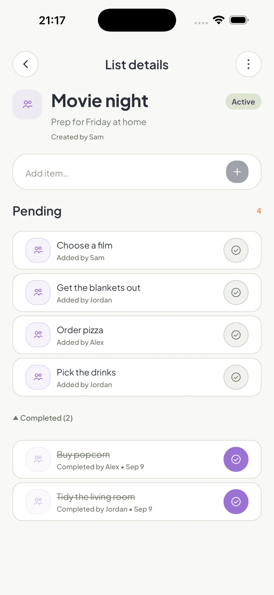A shared list in Homio, with pending and completed items