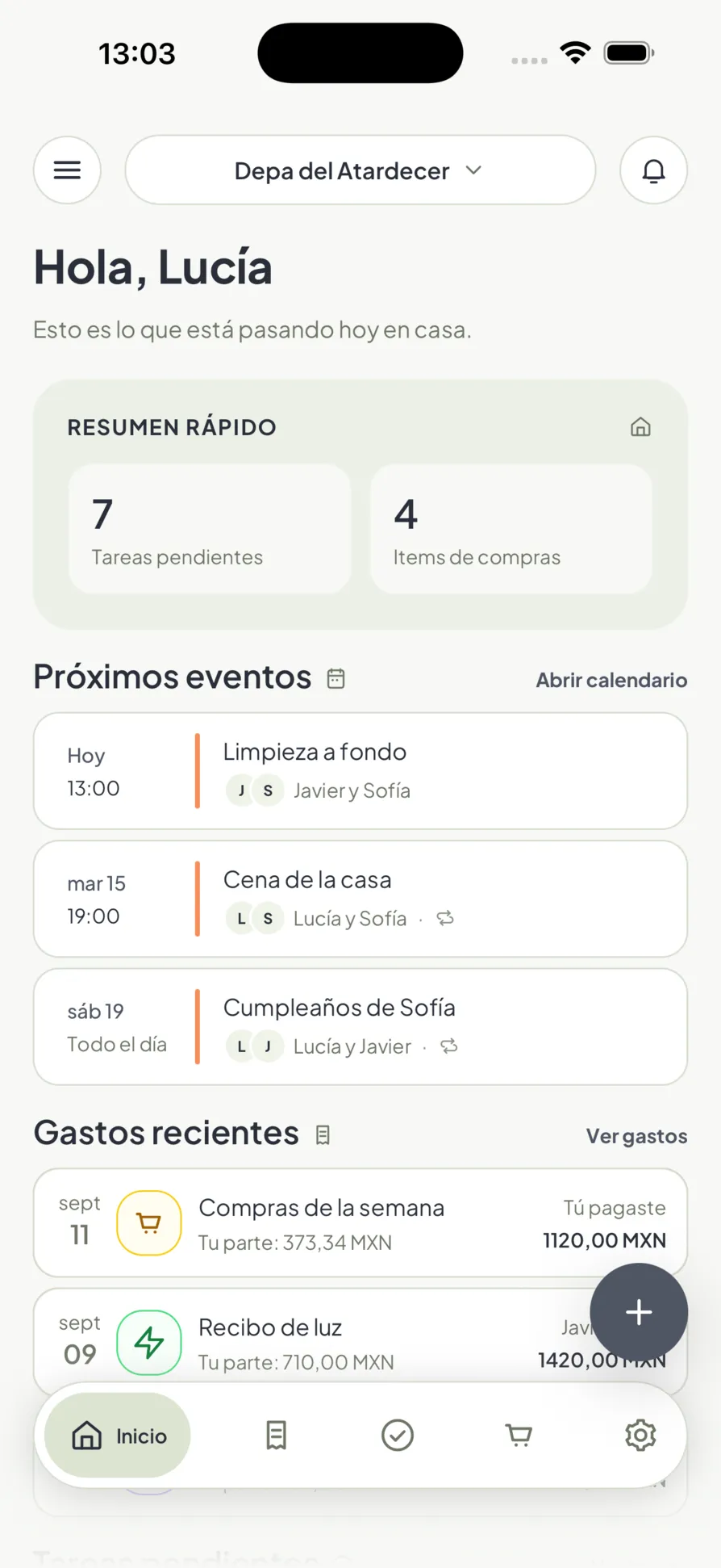 El panel del hogar en Homio: tareas pendientes, próximos eventos y gastos recientes en una sola pantalla