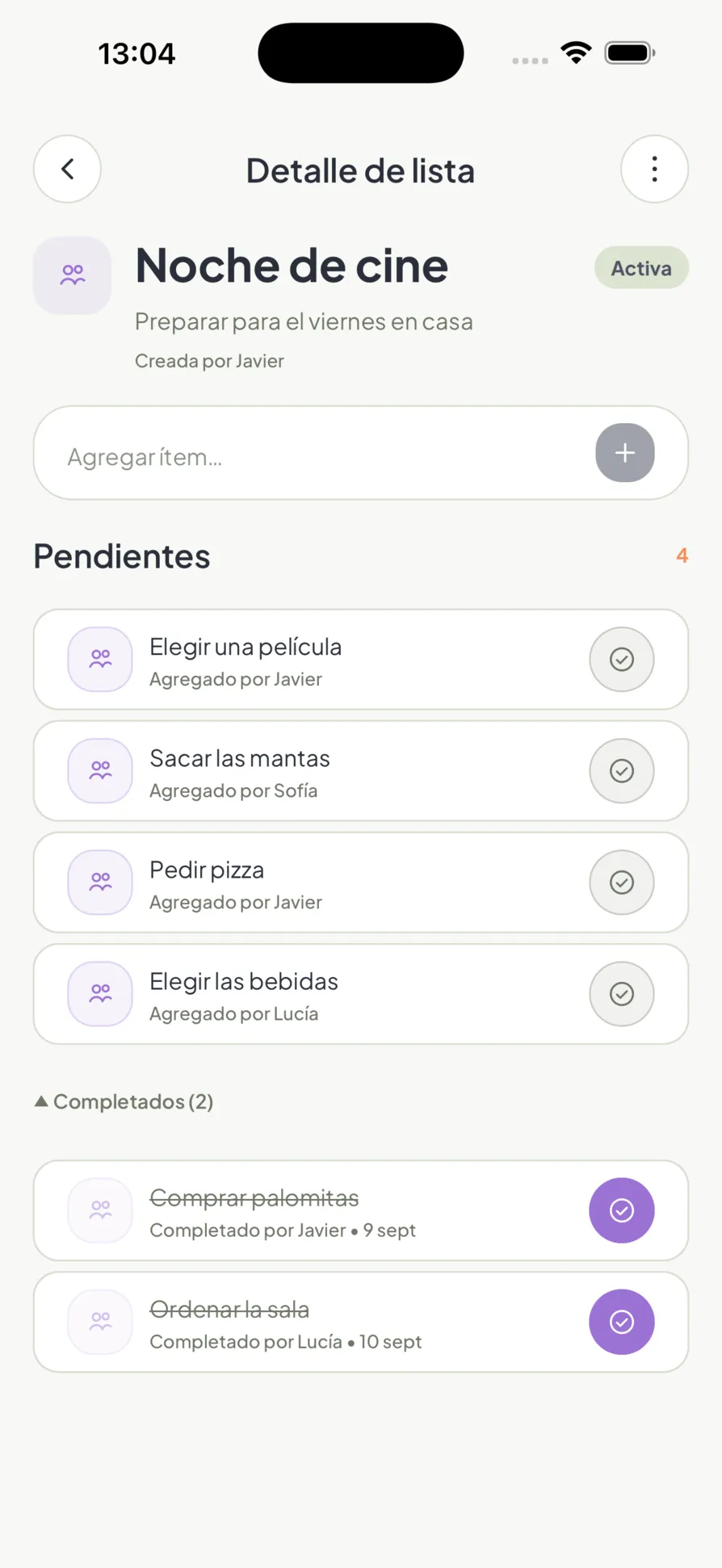 Una lista compartida en Homio, con artículos pendientes y completados
