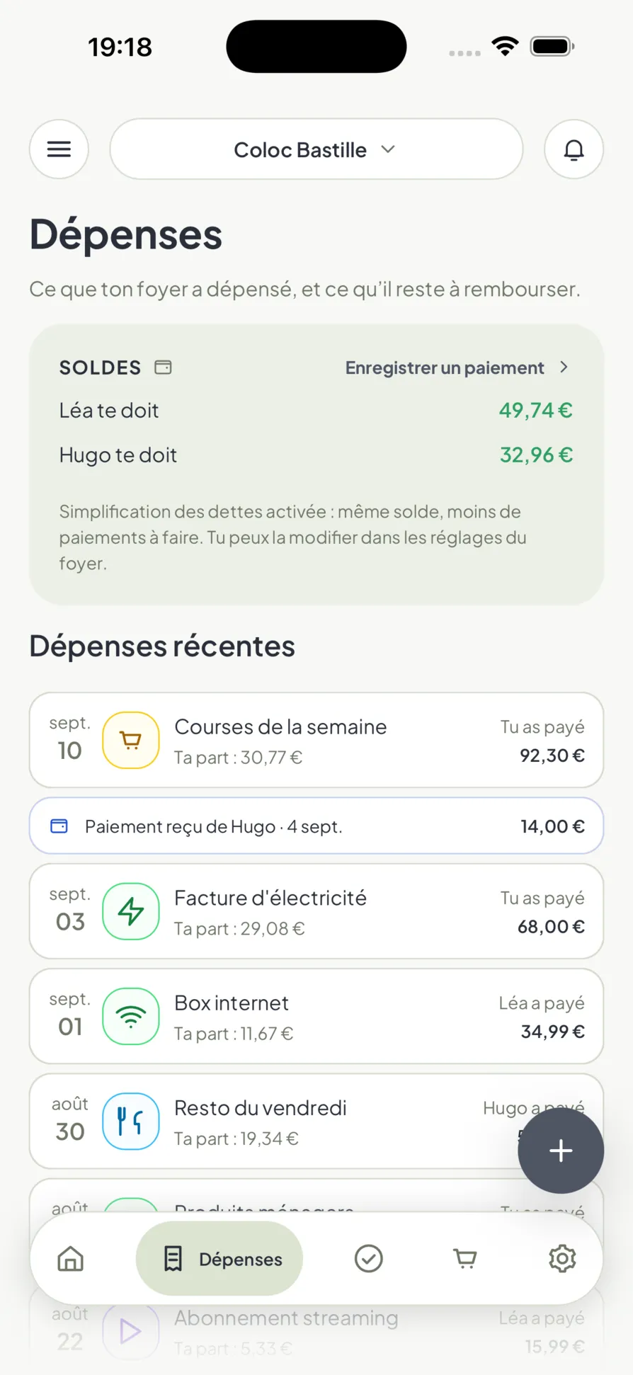 Les dépenses partagées dans Homio, avec le solde de chaque personne et qui doit quoi à qui
