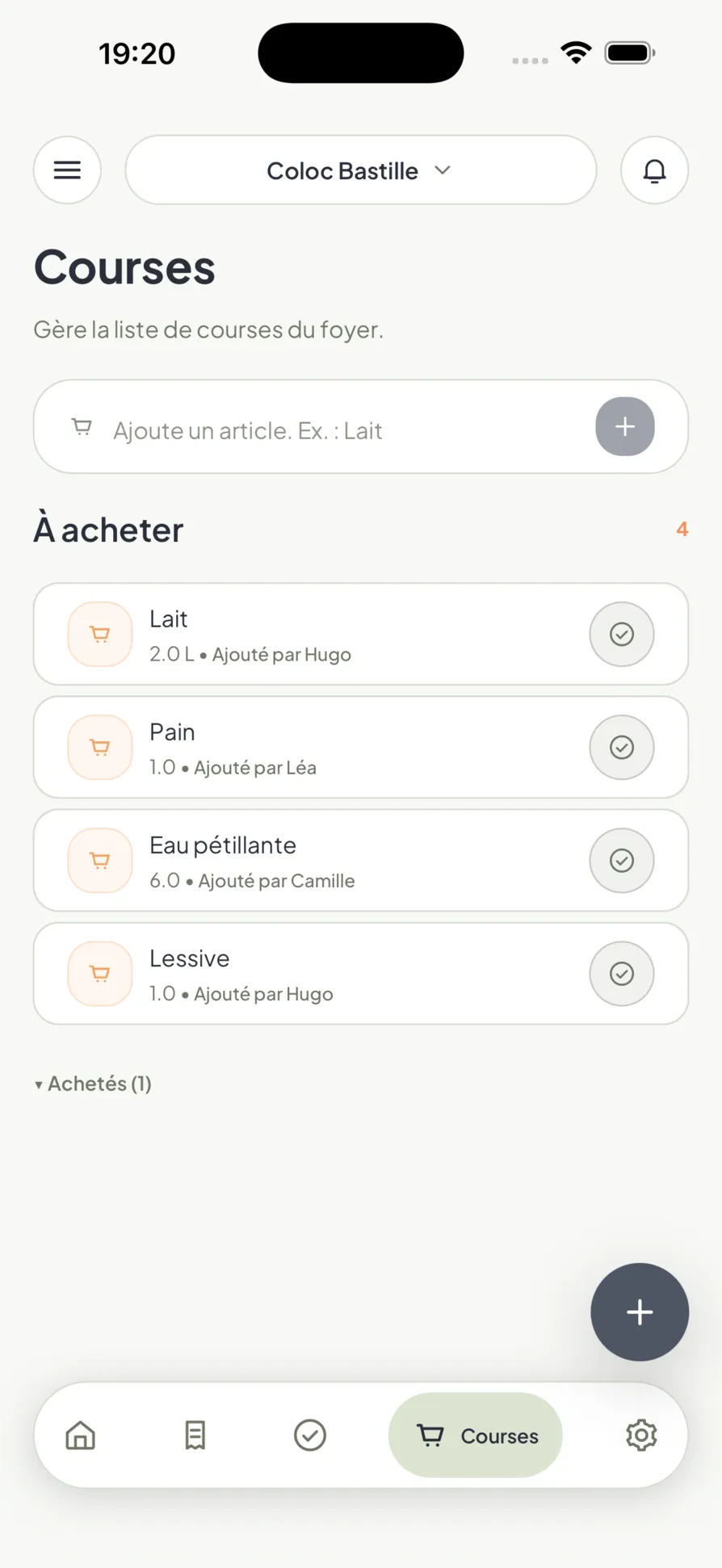 La liste de courses partagée dans Homio, avec qui a ajouté chaque article