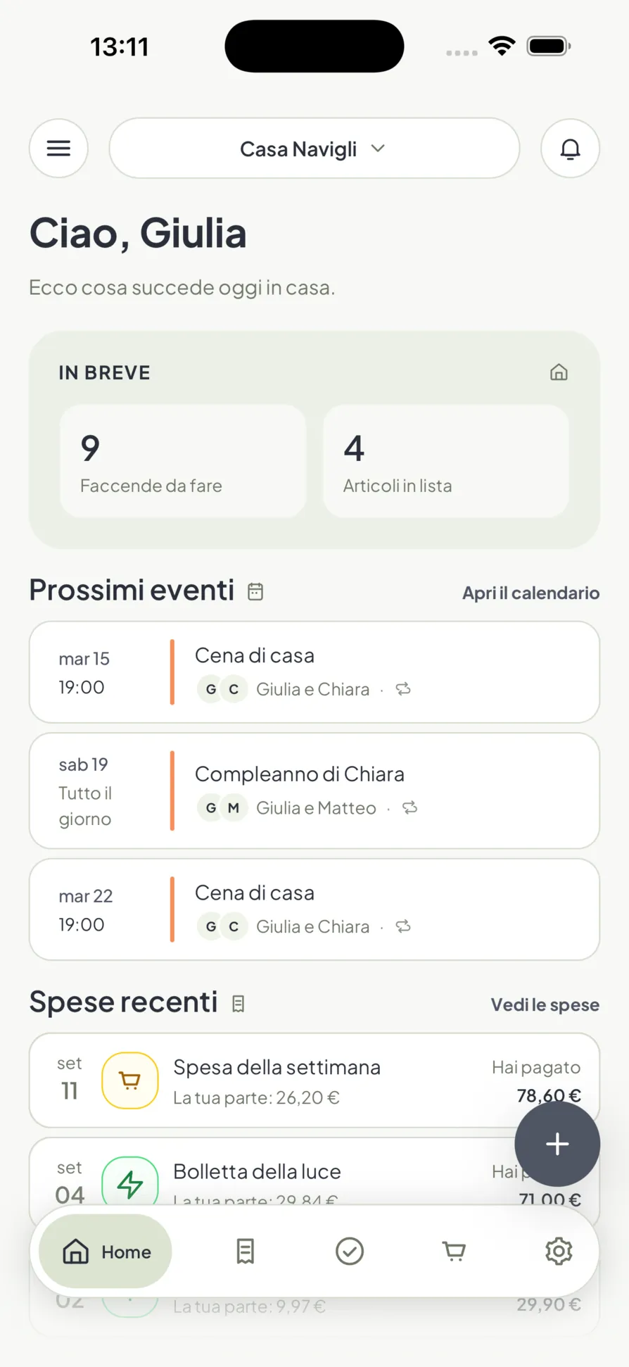 Il pannello della casa in Homio: faccende da fare, prossimi eventi e spese recenti in un’unica schermata